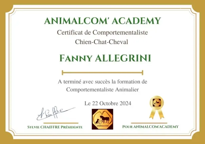 Animalcom' Academy, dog, cat and horse behaviourist certificate awarded to Fanny Allegrini on 22 October 2024.