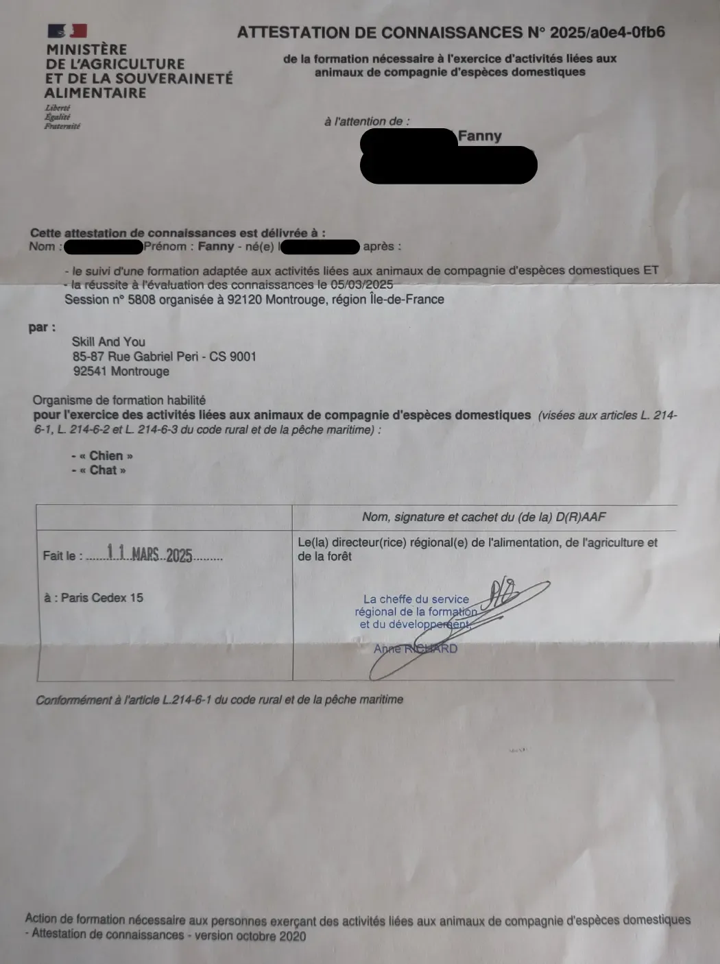 French Ministry of Agriculture, certificate of knowledge for activities involving dogs and cats, 11 March 2025.